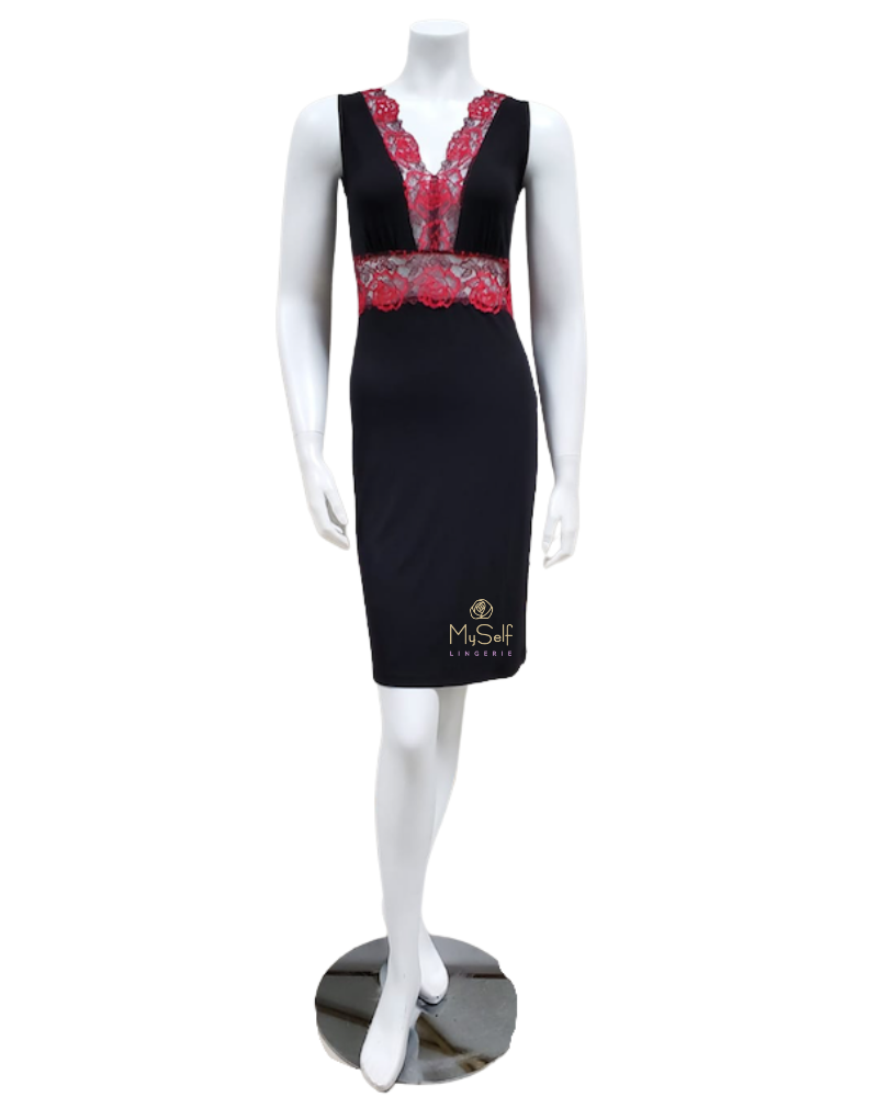 Vanilla Night & Day S014 Black & Red Lace Black Modal Chemise myselflingerie.com