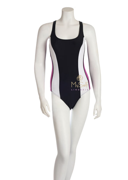 NBB Lingerie 51066 Purple and White Side Stripe Swimsuit myselflingerie.com