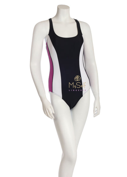 NBB Lingerie 51066 Purple and White Side Stripe Swimsuit myselflingerie.com
