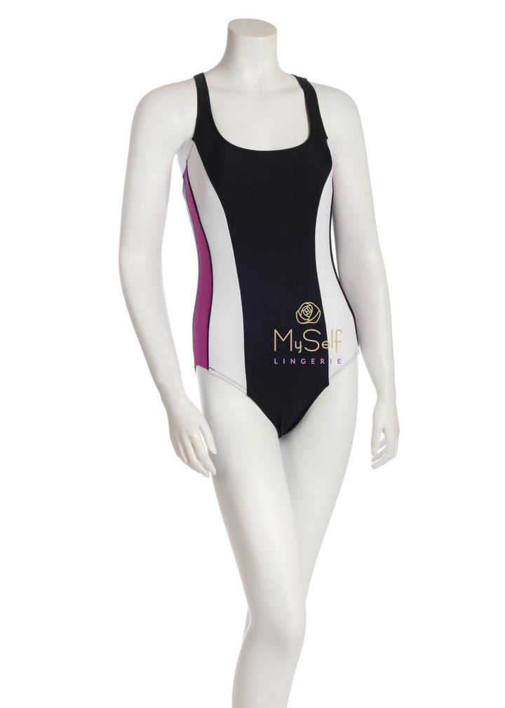 NBB Lingerie 51066 Purple and White Side Stripe Swimsuit myselflingerie.com
