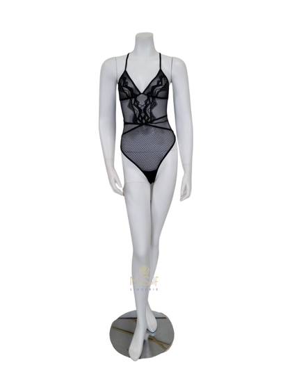 Mapale 8507 Sheer Black Bodysuit with Criss Cross Back myselflingerie.com