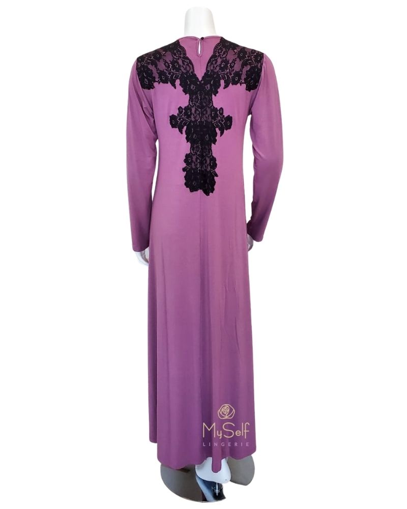 Clara Rossi Mauve Pull On Black Lace Trim Modal Nightgown - XS (42) / Mauve  / Modal