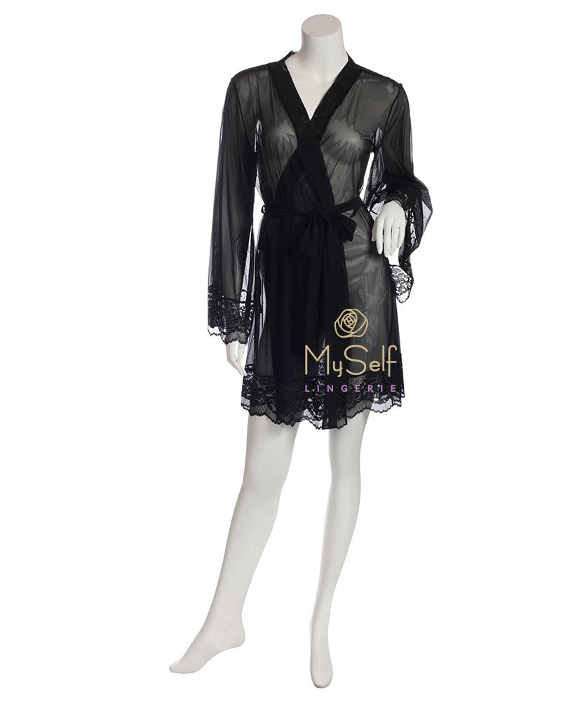 Marc and Andre Paris A9-09PS101-S Black Sheer Short Wrap Robe with Lace Trim MYSELFLINGERIE.COM