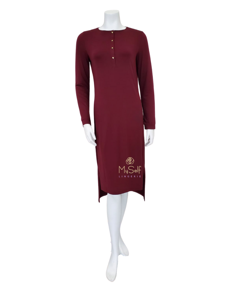 3351 Red Wine Button Down Long Sleeve Modal Nightshirt