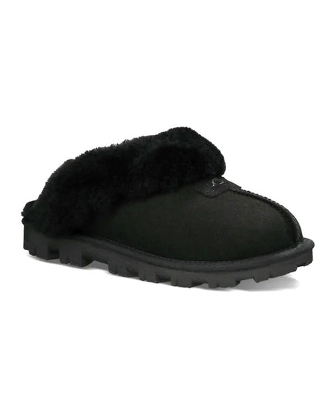 UGG  Black Clog Suede Slippers with Fur Trim Myselflingerie.com