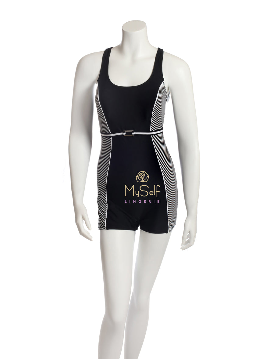 NBB 50935 Black and White Striped Boyshort Bottom Swimsuit myselflingerie.com