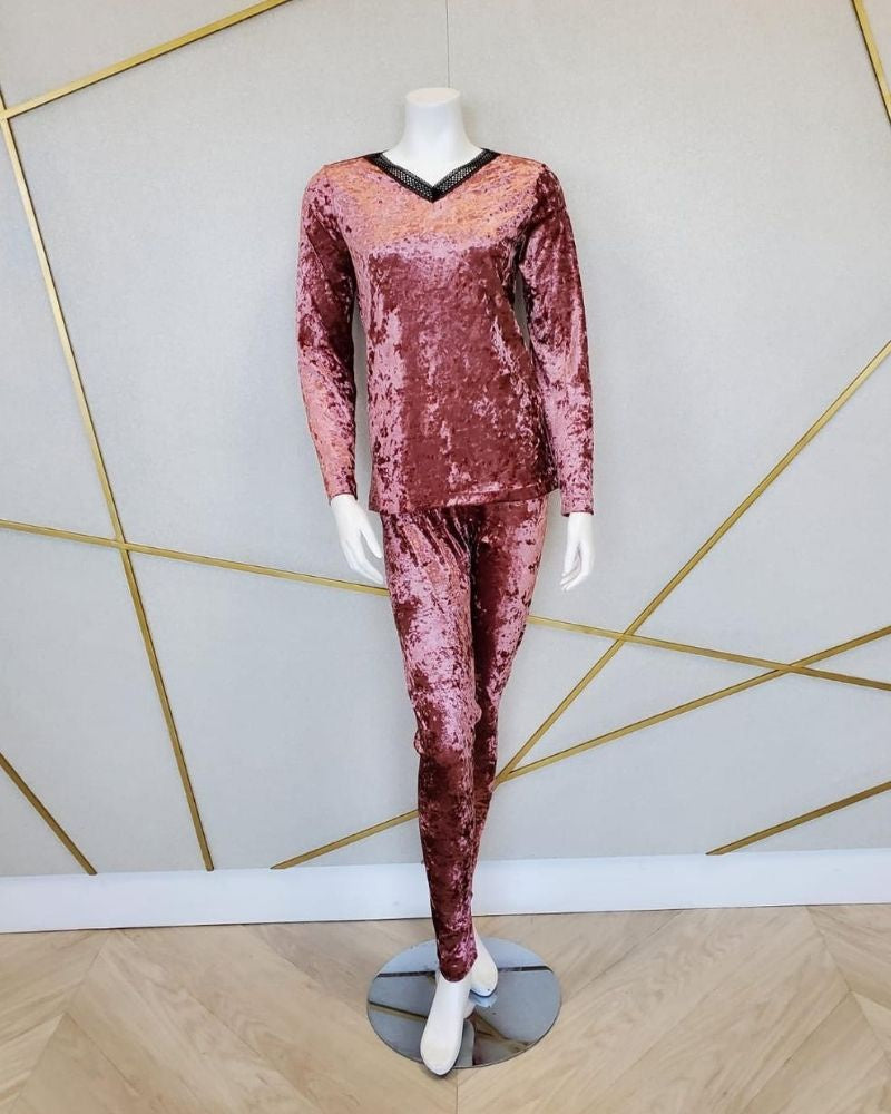 Jackie O'Loungewear VLVTPJS-PNK Pink Crushed Velvet Pajama Set myselflingerie.com
