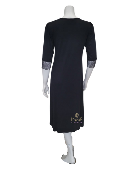 Vanilla Night and Day B49 Lace Button Down Antique Black Modal Nightshirt myselflingerie.com
