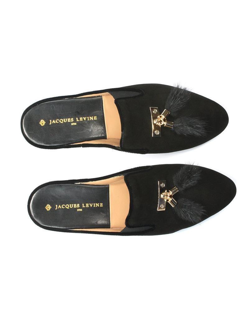 Jacques Levine Black Tea Genuine Suede Slippers with Tassels myselflingerie.com