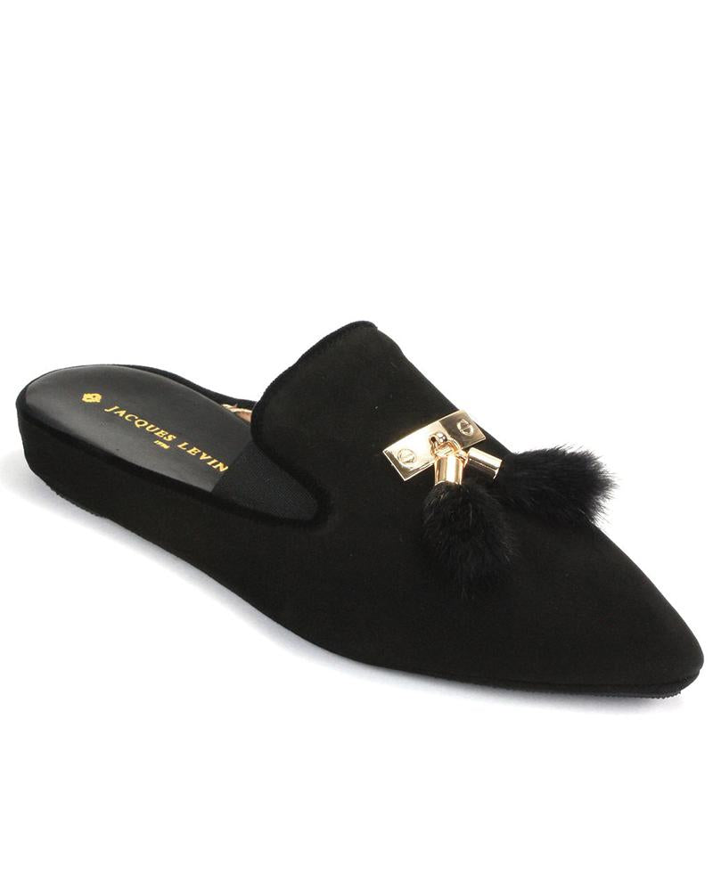 Jacques Levine Black Tea Genuine Suede Slippers with Tassels myselflingerie.com