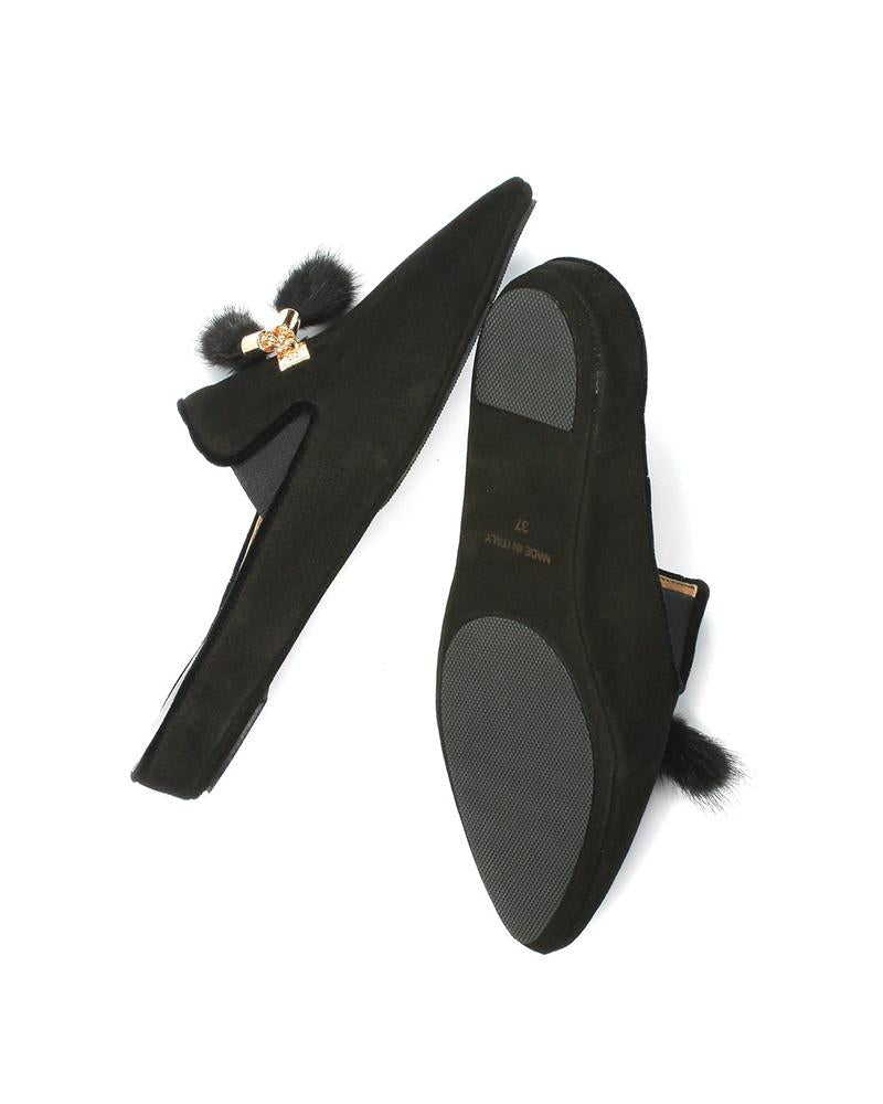 Jacques Levine Black Tea Genuine Suede Slippers with Tassels myselflingerie.com
