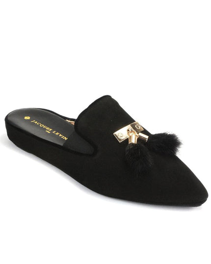 Jacques Levine Black Tea Genuine Suede Slippers with Tassels myselflingerie.com