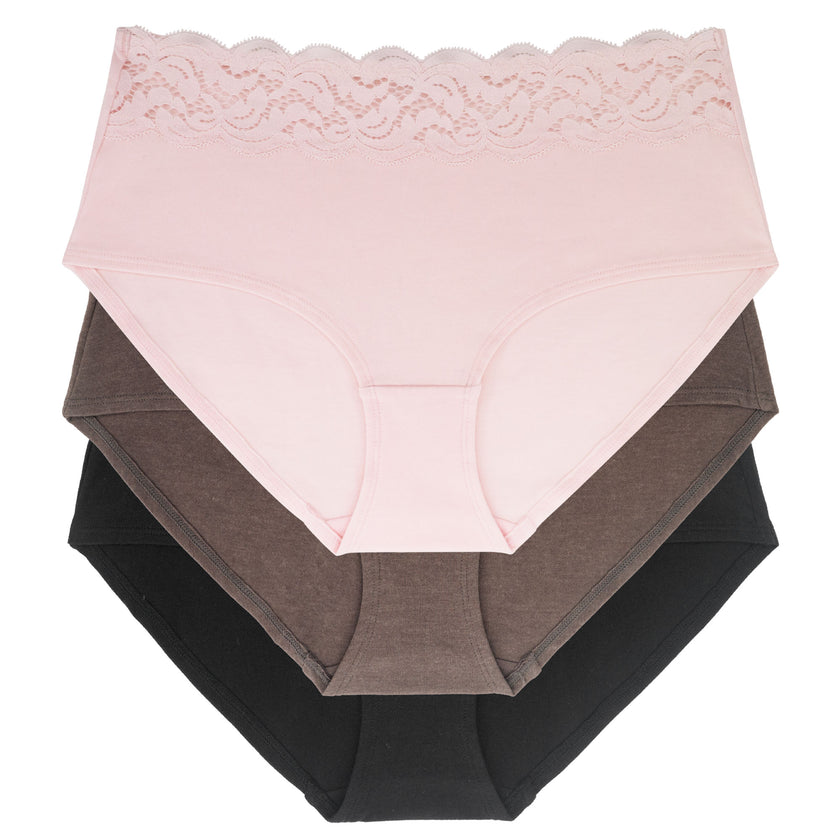 Dorina D01882Y Pink/Brown/Black Esther Cotton Lace Top 3 Pk Briefs MYSELFLINGERIE.COM