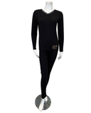 Jackie O'Loungewear VPJ-BLK Black Ribbed V Neck Pajamas Set myselflingerie.com