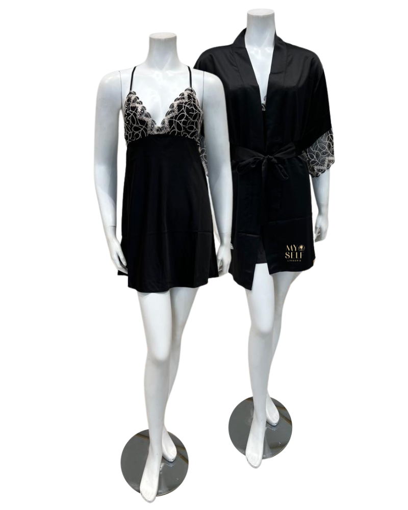 Flora Nikrooz Q81255+Q81266 Black Sydney Charmeuse Chemise & Robe myselflingerie.com