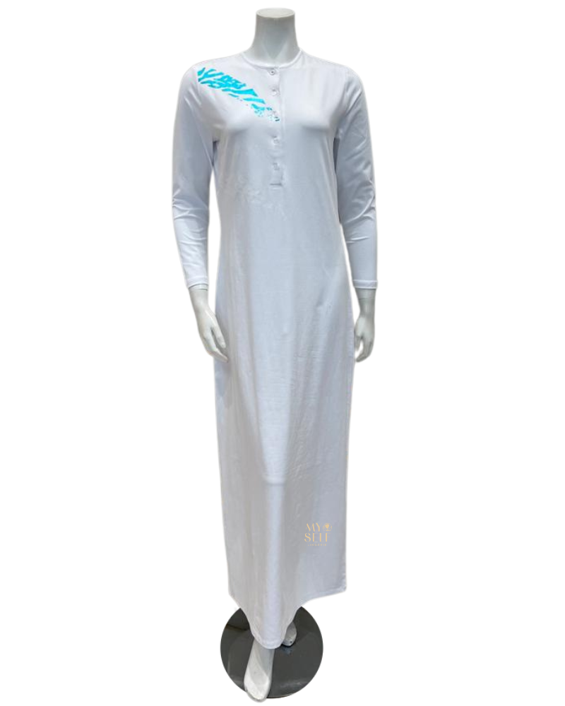 Chicolli FW23N25A White Multi Combo Foil Abstract Button Down Nightgown myselflingerie.com