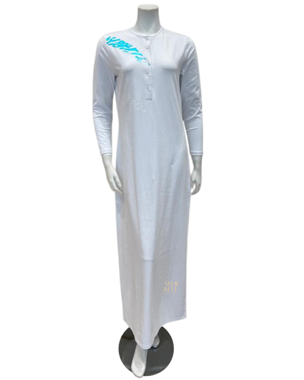 Chicolli FW23N25A White Multi Combo Foil Abstract Button Down Nightgown myselflingerie.com