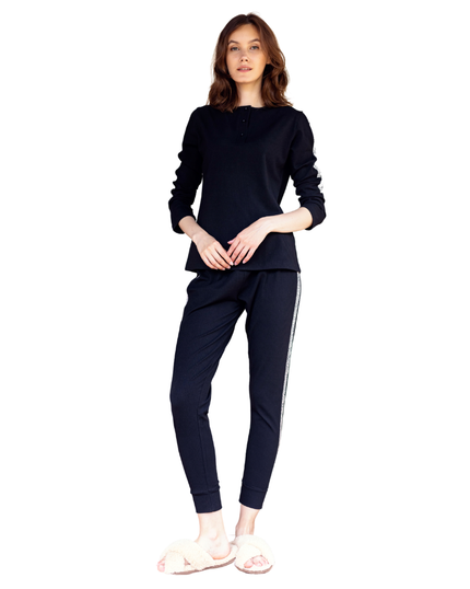 Ellwi 611-PJ Leopard Trim Black Ribbed Cotton Pajamas Set myselflingerie.com