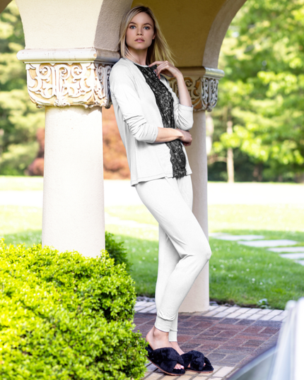 Ellwi 614-PJWH Black Lace Trim White Cotton Pajamas Set myselflingerie.com