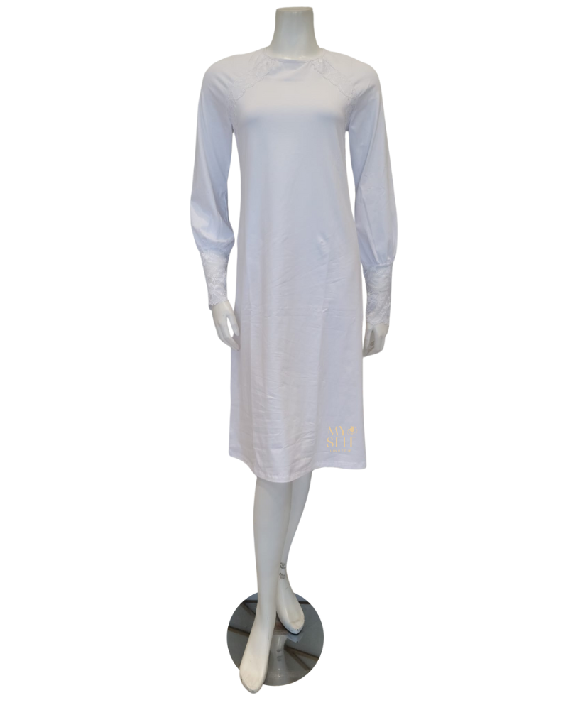 Oh! Zuza M8907 Lace Raglan Long Sleeve White Modal Nightshirt  myselflingerie.com