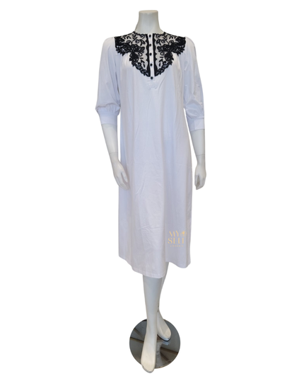 Oh! Zuza M8919 Black Lace Detail Button Down White Cotton Nightshirt  myselflingerie.com
