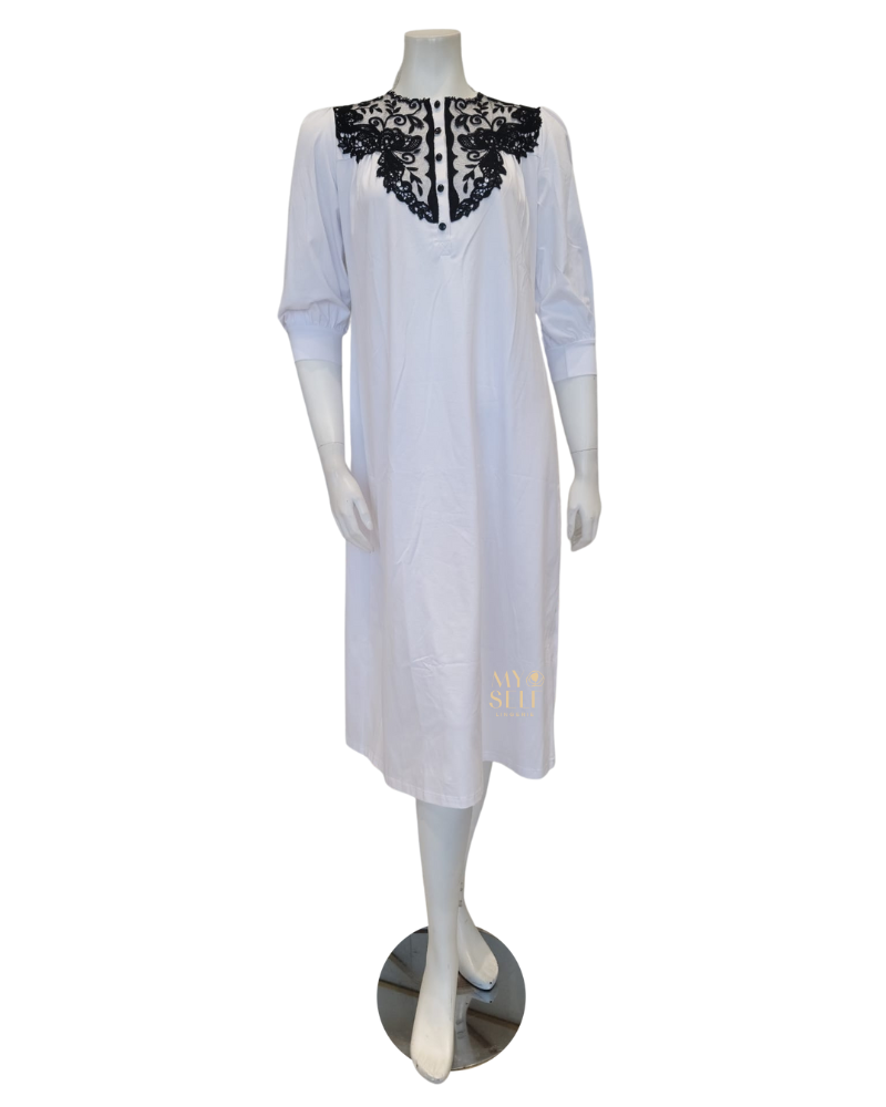 Oh! Zuza M8919 Black Lace Detail Button Down White Cotton Nightshirt  myselflingerie.com