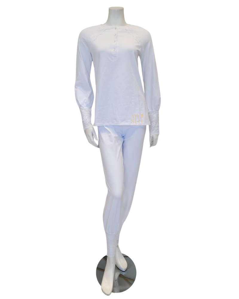 Oh! Zuza M8909 Lace Raglan Sleeves Button Down White Cotton Pajamas Set myselflingerie.com