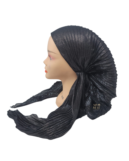 SG PR02-BLK Black Cotton Lurex Pleated Adjustable Pre-Tied Bandanna myselflingerie.com