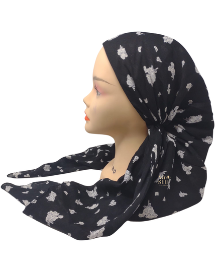 SG PR12-BW Black/White Small Floral Adjustable Pre-Tied Bandanna myselflingerie.com
