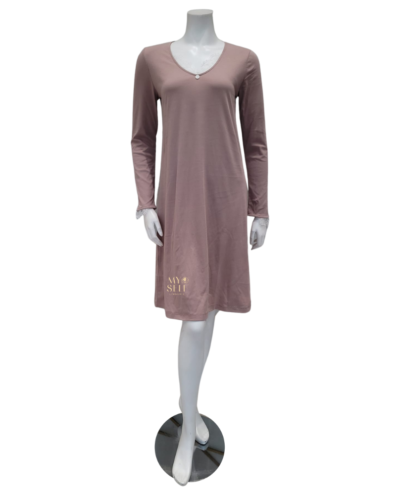Iora Lingerie 22409 V Neck Lace Trim Deep Mauve 100% Supima Cotton Nightshirt myselflingerie.com