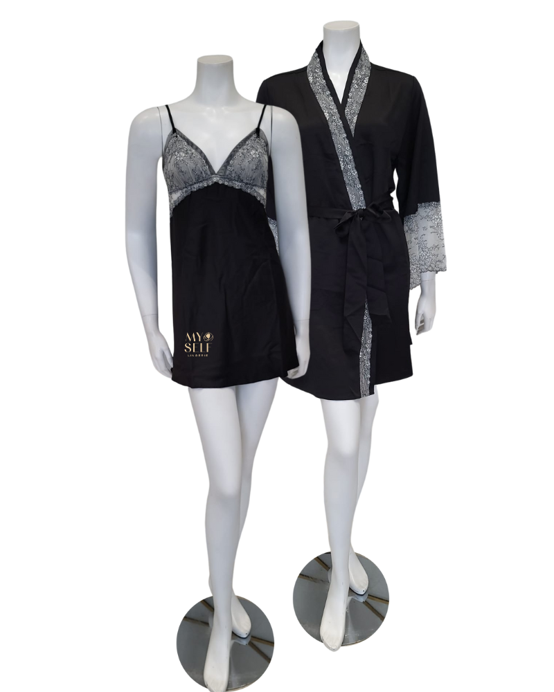 Flora Nikrooz Q81370 + Q81371 Black Angelique Chemise & Wrap Set myselflingerie.com