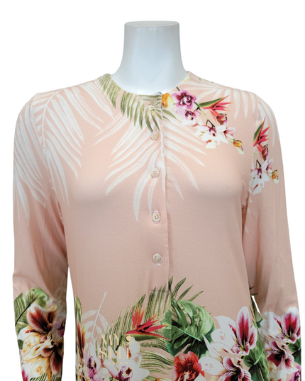 Simondona S6269 Peach Floral Print Button Down Modal Nightgown myselflingerie.com