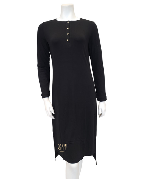 Vanilla Night and Day Black Long Sleeve Modal Button Down Nightshirt Myselflingerie.com