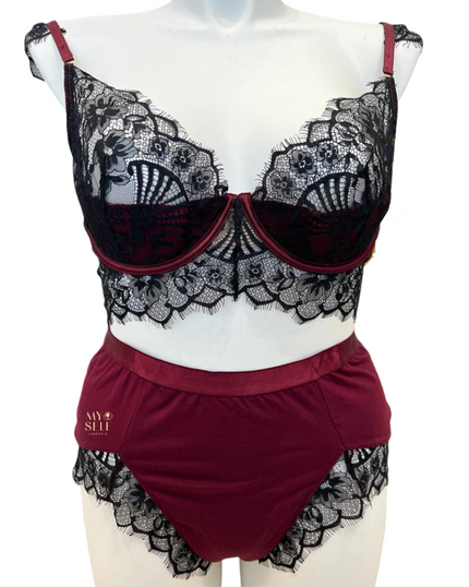 Oh La La Cheri 40-11425X Zinfandel/Black Eyelash Lace Bra and Panty Plus Size myselflingerie.com