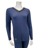 Jackie O'Loungewear VPJ-BLU Blue Ribbed V Neck Pajamas Set myselflingerie.com