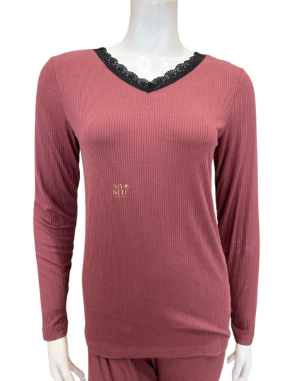 Jackie O'Loungewear VPJ-RS Rose Ribbed V Neck Pajamas Set myselflingerie.com