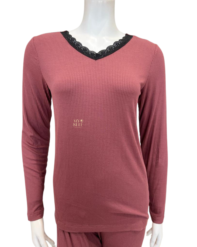 Jackie O'Loungewear VPJ-RS Rose Ribbed V Neck Pajamas Set myselflingerie.com