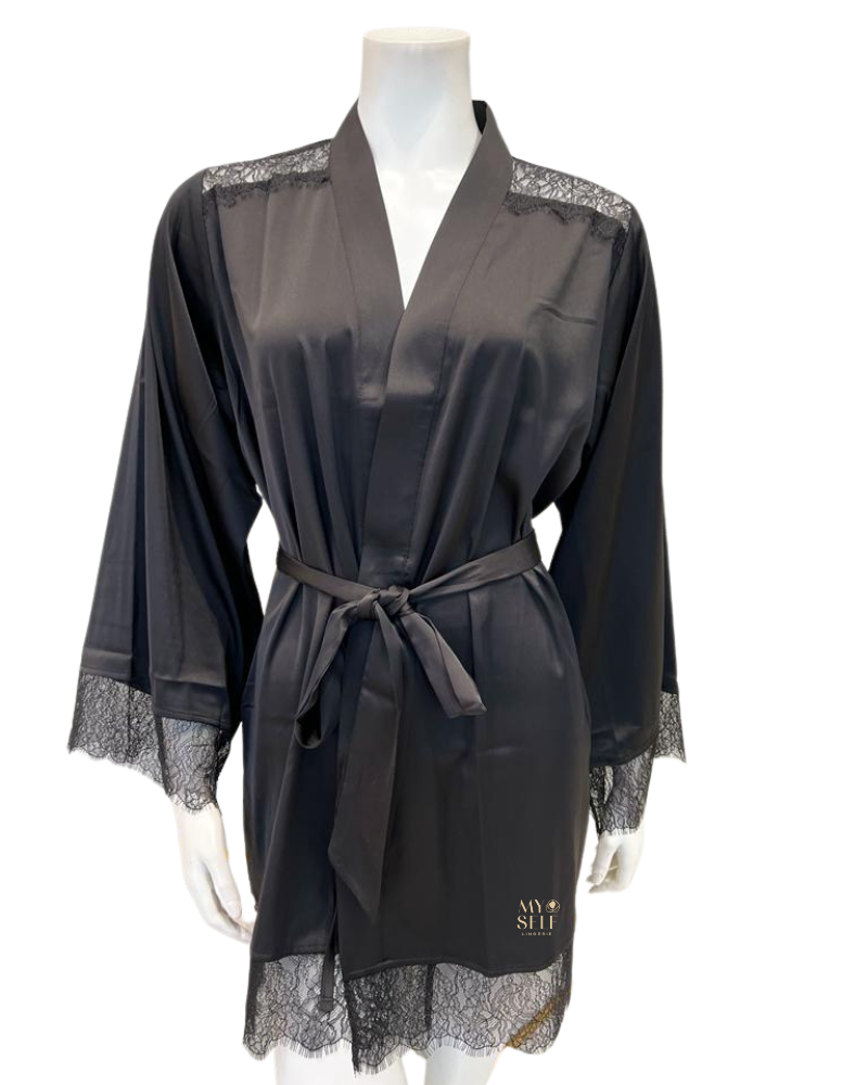 Kilo Brava 17009B Satin & Lace Black Wrap Robe myselfingerie.com