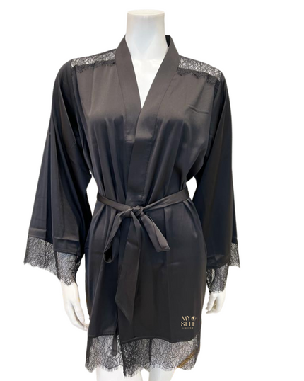 Kilo Brava 17009B Satin & Lace Black Wrap Robe myselfingerie.com