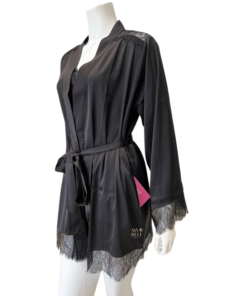 Kilo Brava 17009B Satin & Lace Black Wrap Robe myselfingerie.com