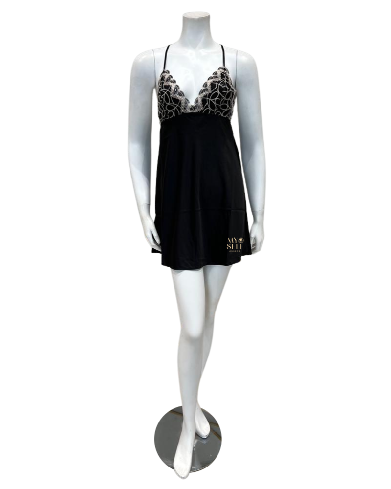 Flora Nikrooz Q81255+Q81266 Black Sydney Charmeuse Chemise & Robe myselflingerie.com