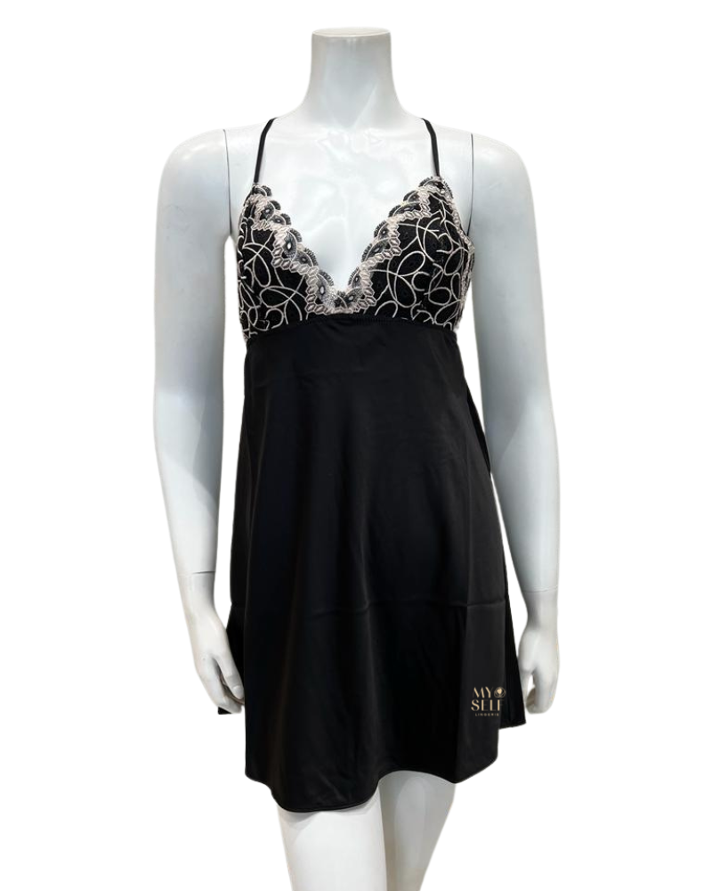 Flora Nikrooz Q81255+Q81266 Black Sydney Charmeuse Chemise & Robe myselflingerie.com