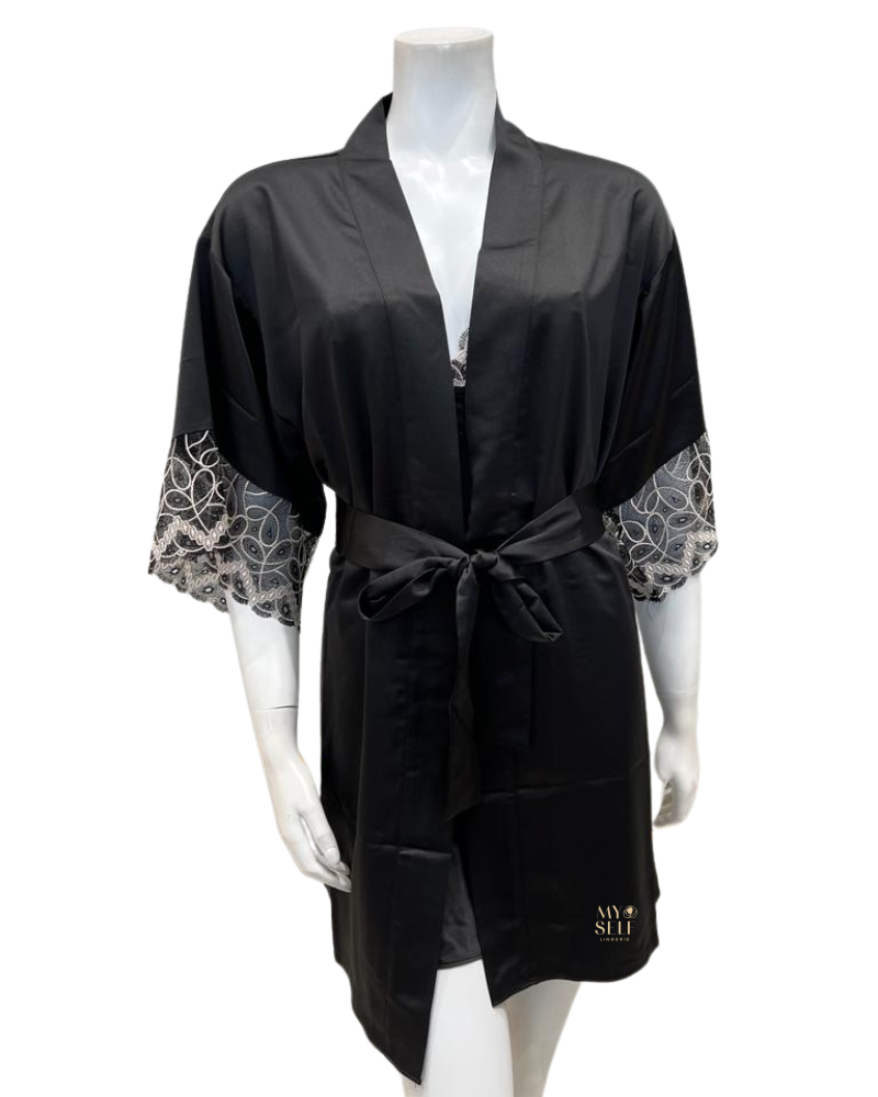 Flora Nikrooz Q81255+Q81266 Black Sydney Charmeuse Chemise & Robe myselflingerie.com
