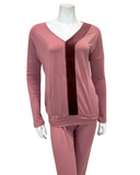 Oh! Zuza 3144 Antique Rose V Neck Velvet Strip Modal Pajamas Set myselflingerie.com