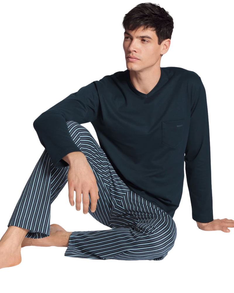 Calida 40580 #479 Dark Sapphire Relax Imprint Men's 100% Cotton Pajamas myselflingerie.com