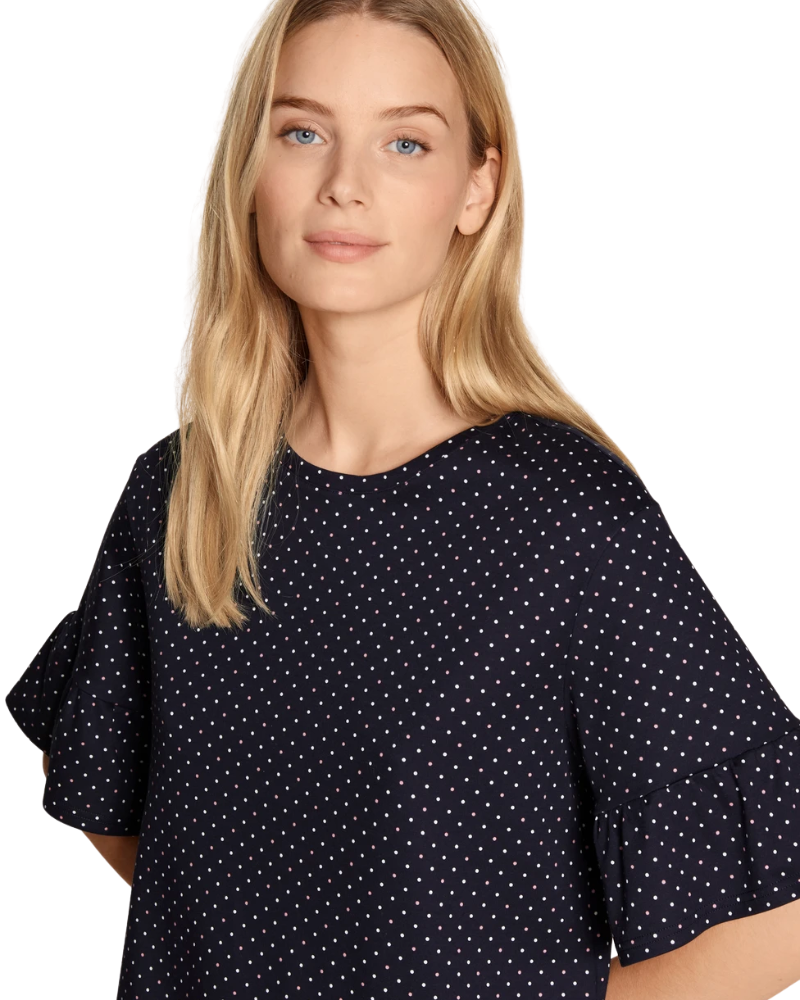 Calida 30539 #339 Dark Lapis Blue Dots Ruffled Short Sleeve 100% Cotton Nightshirt myselflingerie.com