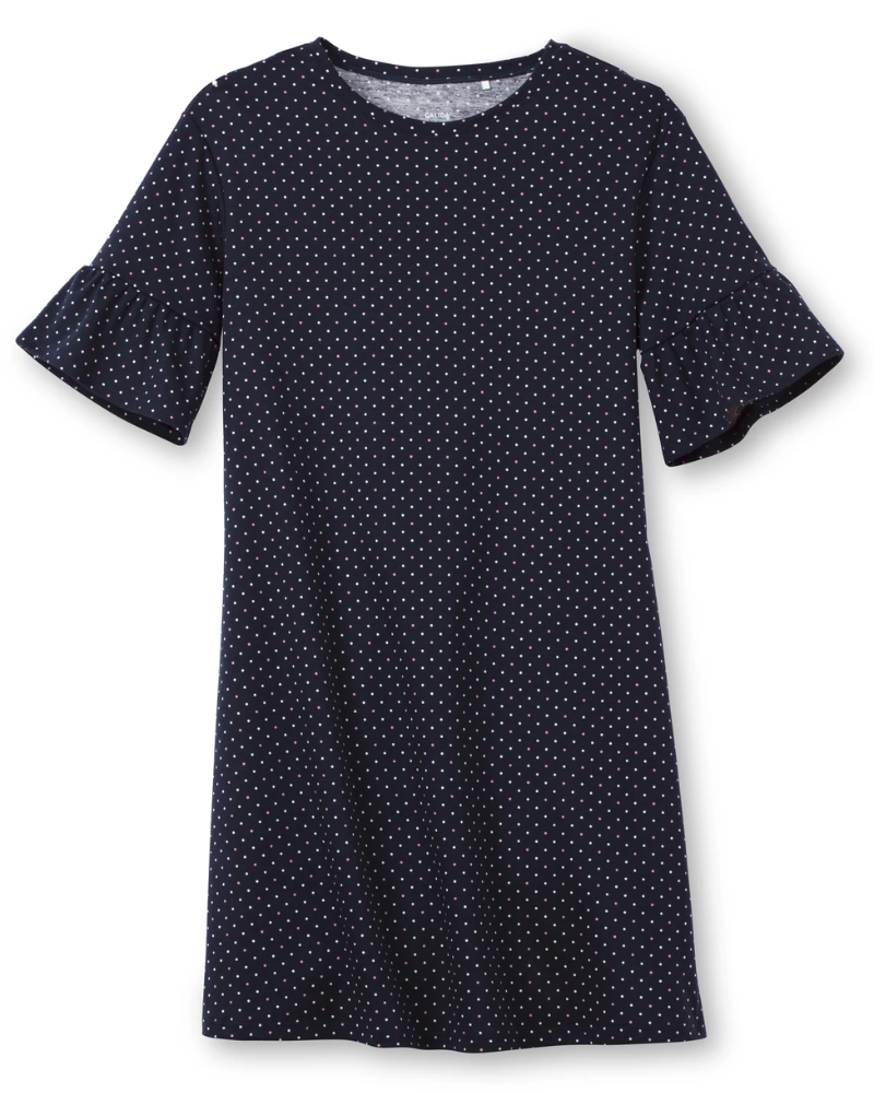 Calida 30539 #339 Dark Lapis Blue Dots Ruffled Short Sleeve 100% Cotton Nightshirt myselflingerie.com