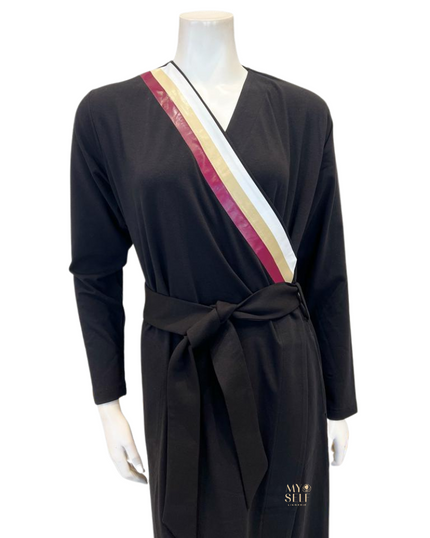 ESPi AG931 3 Stripe Screen Print Black Cotton Morning Robe Wrap myselflingerie.com