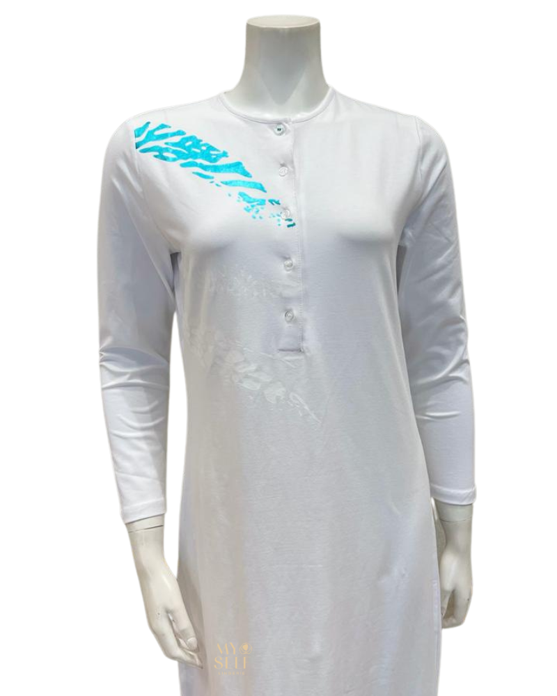 Chicolli FW23N25A White Multi Combo Foil Abstract Button Down Nightgown myselflingerie.com