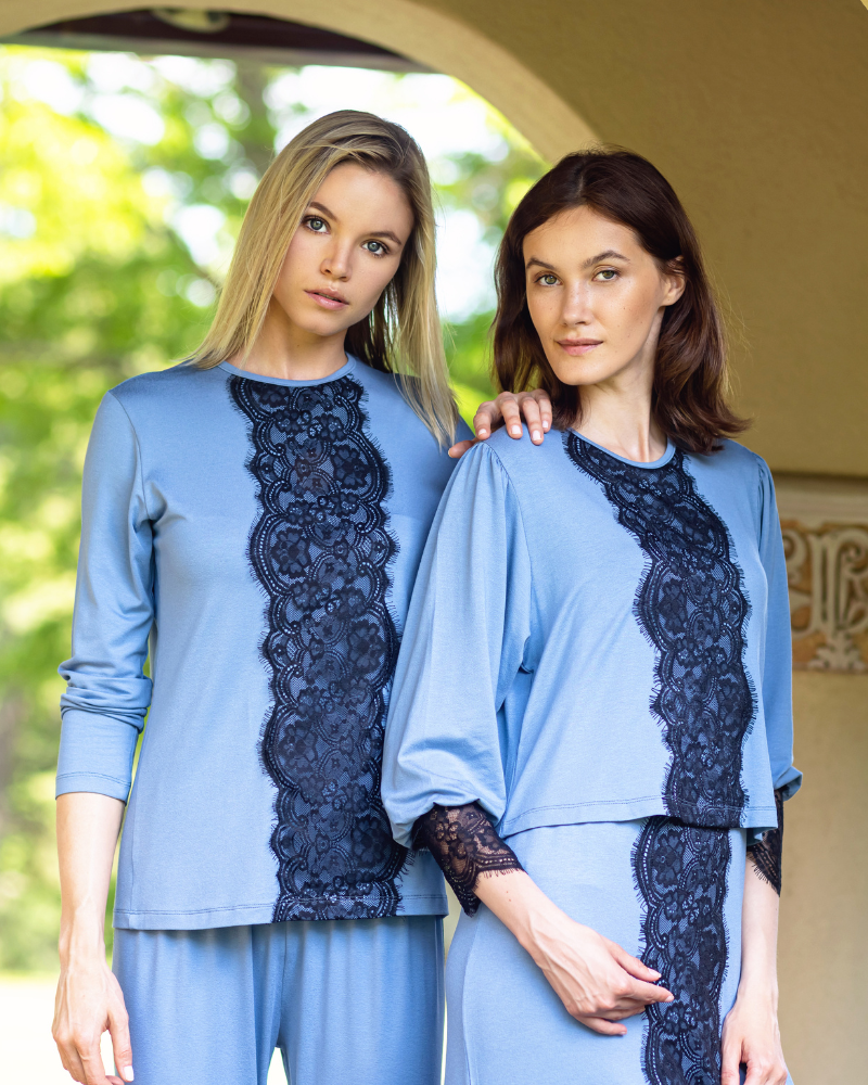 Ellwi 614-PJBL Black Lace Trim Blue Cotton Pajamas Set myselflingerie.com